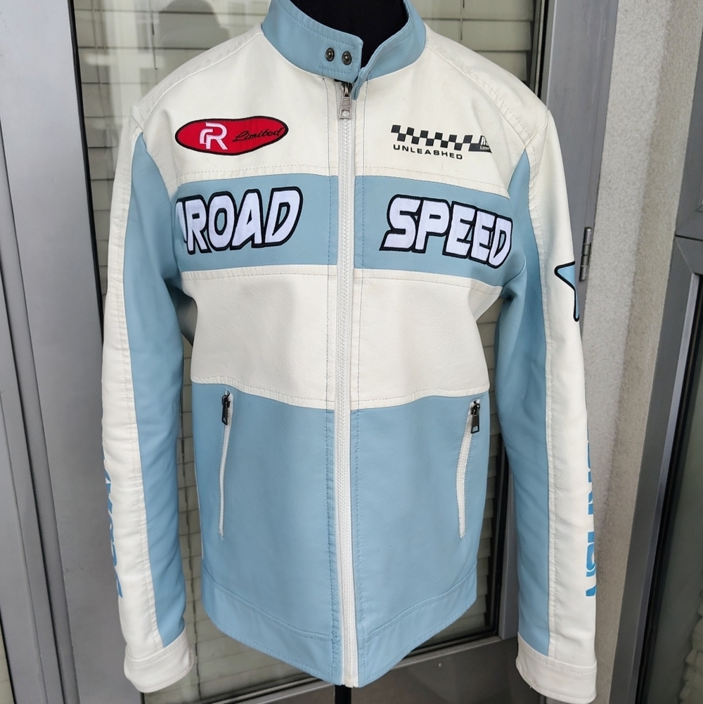 RACING Refinery Republic Unisex PU JACKET Sky Blue/White Size S FITS Medium
